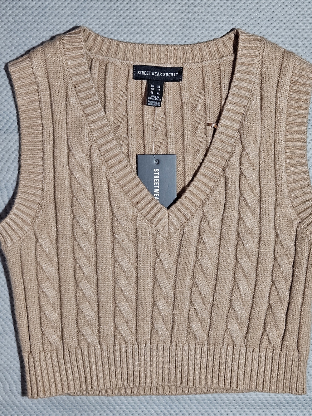 Streetwear Society Men’s Tan Cable-Knit V-Neck Sweater Vest